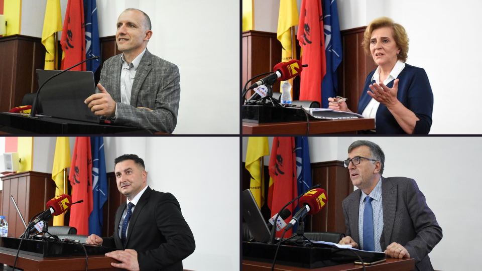 Kandidatët për rektor të Universitetit të Tetovës (Bashkim Ziberi, Myqereme Rusi, Jusuf Zejneli dhe Dervish Alimi). Fotografitë nga Universiteti i Tetovës.