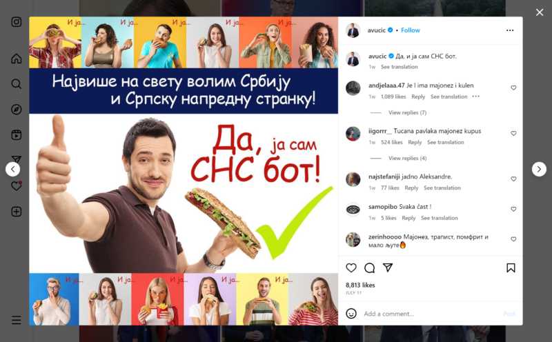 Pamja e ekranit të postimit në Instagram të 11 korrikut 2023 nga Presidenti i Serbisë Aleksandar Vuçiq ku thotë “Unë e dua Serbinë dhe Partinë Progresive Serbe më së shumti në botë! Po, unë jam një bot SNS! …Unë gjithashtu, edhe unë…” Përdorimi i drejtë.
