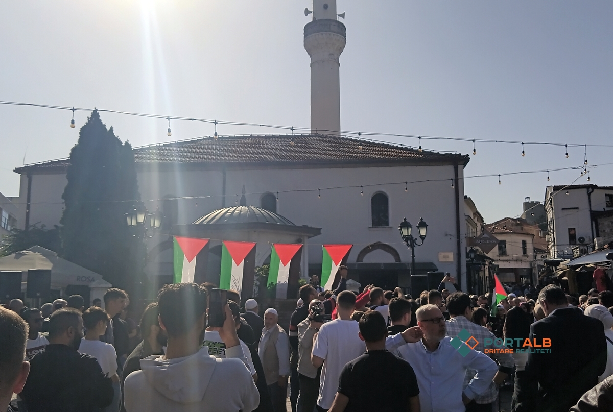 Foto nga protesta në Shkup për mbështetje të popullit palestinez. Foto: Portalb.mk/Suad Bajrami