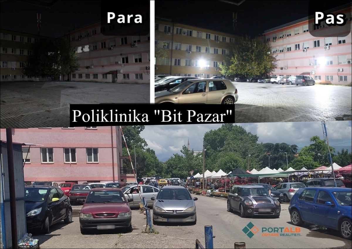 Parkingu i uzurpuar mbrapa Poliklinikës "Bit Pazar" me ndriçim. Foto nga Shtëpia e Shëndetit Shkup dhe Portalb.mk