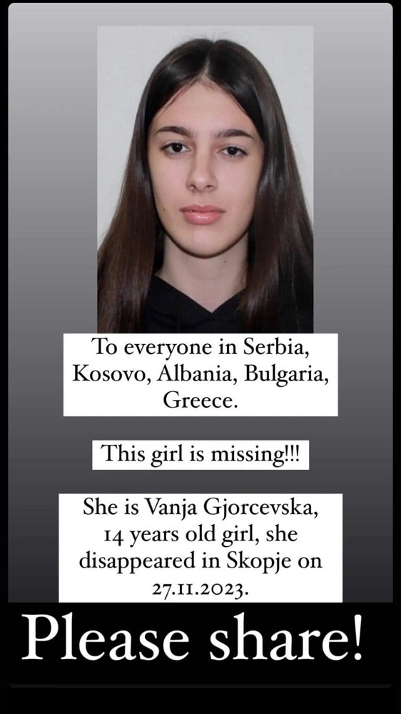 Vajza e zhdukur Vanja Gjorçevska nga Shkupi. Foto e publikuar në rrjetet sociale