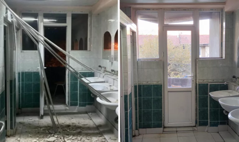 Foto e vjetër (majtas) dhe gjendja e djeshme e tualetit në konviktin "Zdravko Cvetkovski"/ foto: ODANS (majtas) dhe Meta.mk (djathtas)
