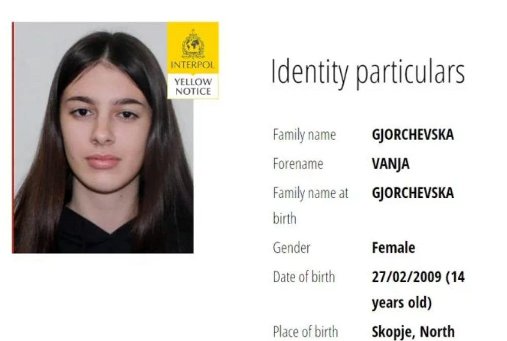 Skrin shot nga Interpol nga vajza e zhdukur, Vanja Gjorçevska