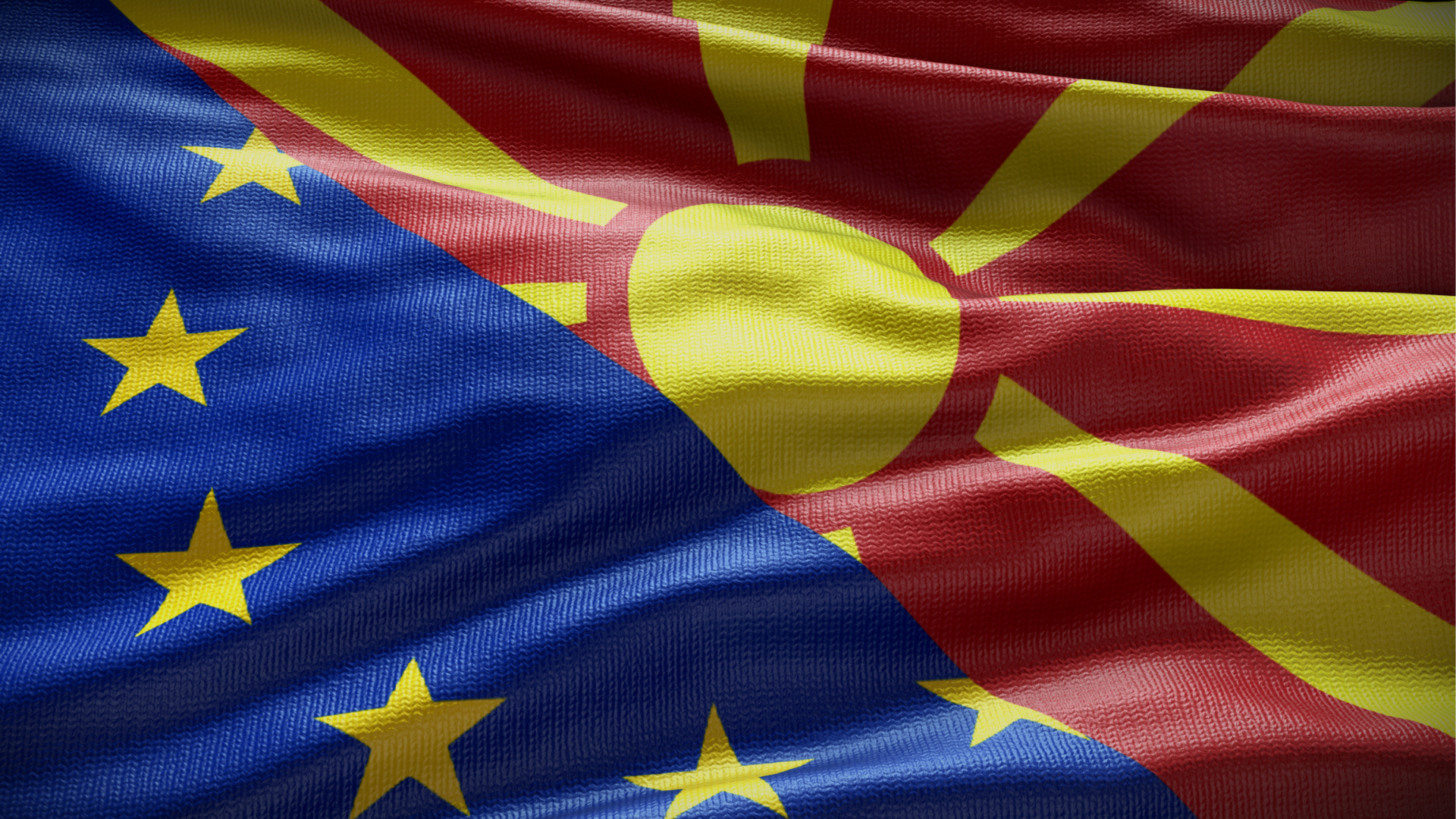 Flamuri i Maqedonisë së Veriut (RMV) dhe i Bashkimit Evropian (BE). Foto: Postmodern Studio në Canva