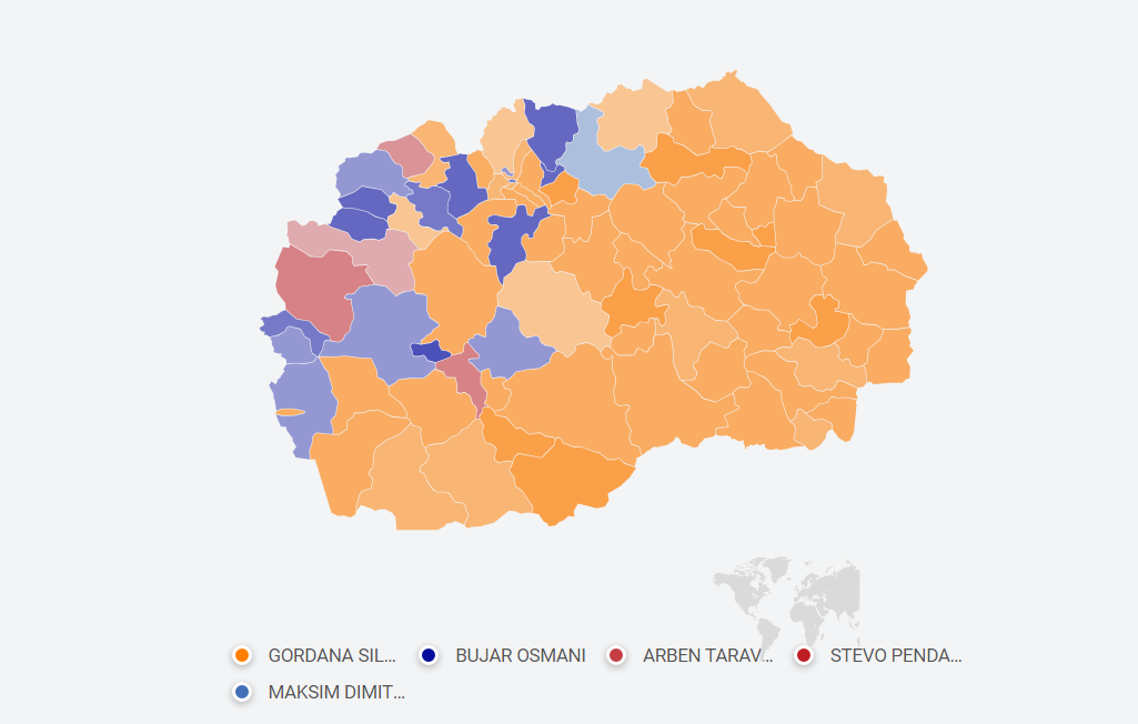 Harta e fituesve në rrethin e parë të zgjedhjeve presidenciale në RMV 2024. Foto screenshot nga KSHZ