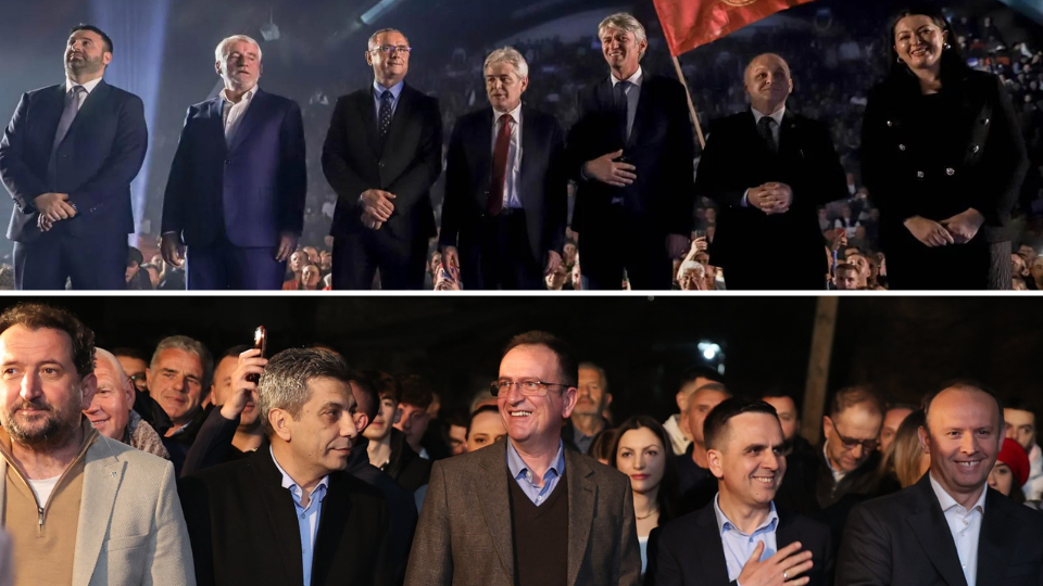 Liderët e Frontit Evropian dhe VLEN. Foto e parë nga profili në Facebook i Ali Ahmetit, foto e dytë nga profili në Facebook i Bilall Kasamit