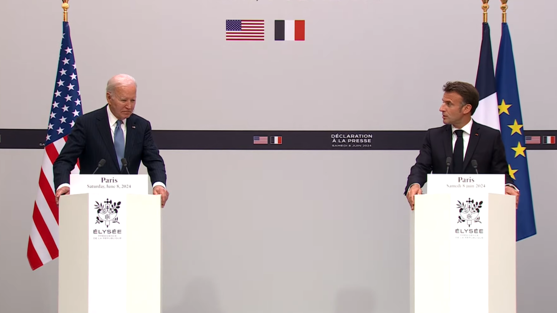 Joe Biden dhe Emanuel Macron gjatë konferencës për shtyp në Paris. Foto: Printscreen nga kanali i The White House në Youtube