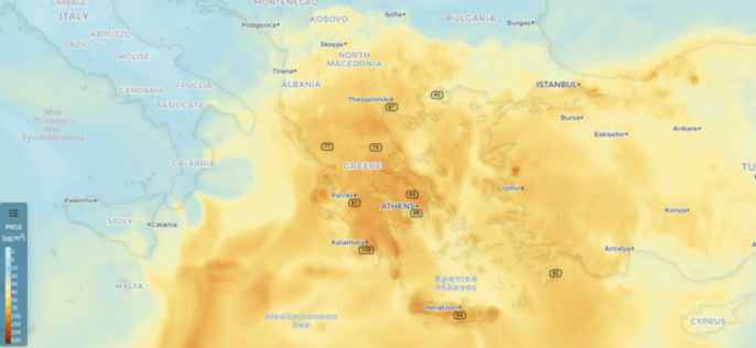 Harta e lëvizjes së pluhurit saharian. Foto: atmosphere.copernicus.eu/